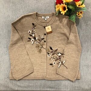 NWT - Coldwater Creek Tan Cardigan with Embroidered Birds & Sparkly Beads